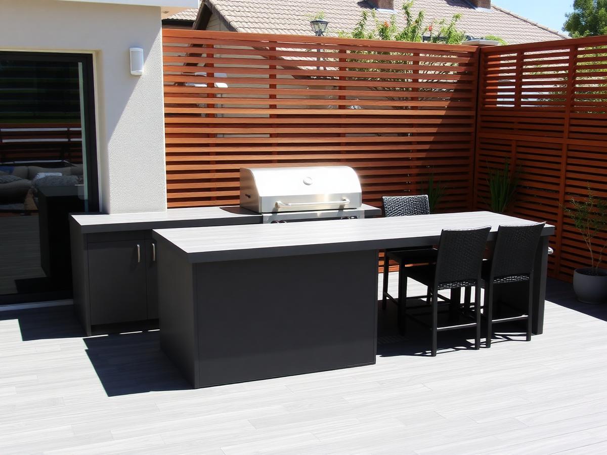 Composite decking braai patio with slatted timber screen at a South African home
