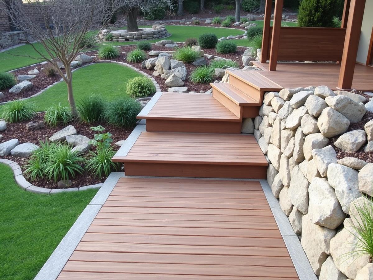 Timber deck walkway and steps through a landscaped Highveld garden