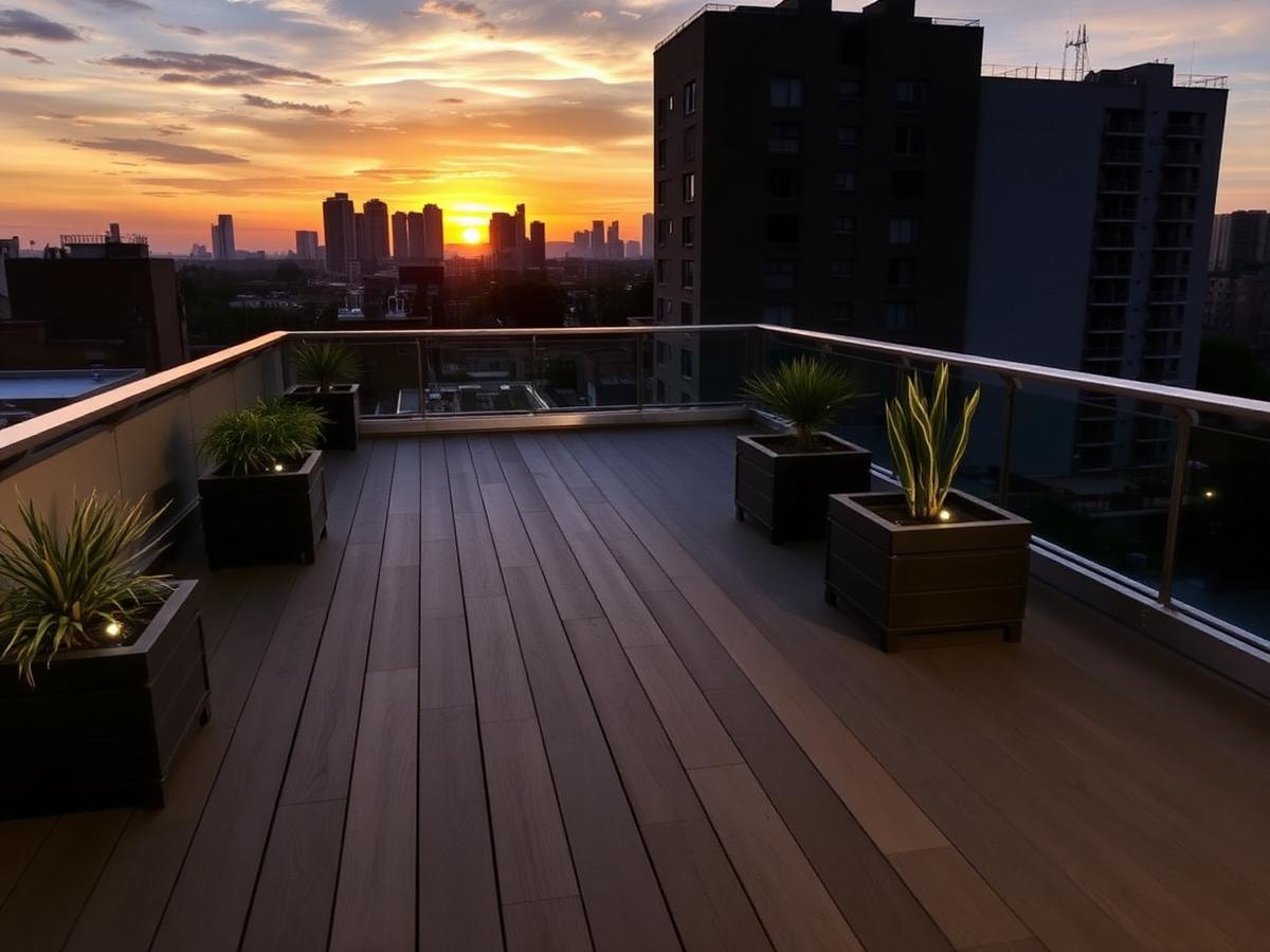 Rooftop composite deck terrace with planters and a city skyline at sunset