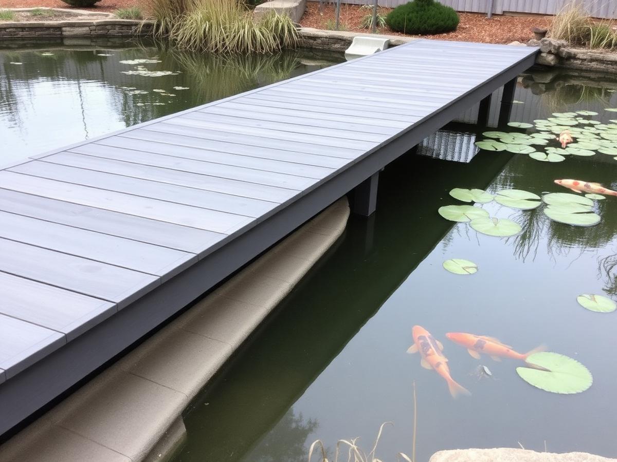 Composite decking jetty crossing a garden koi pond