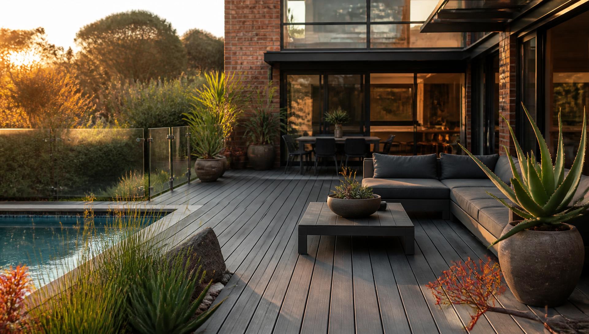 Charcoal composite deck beside a swimming pool at a modern Johannesburg home at sunset